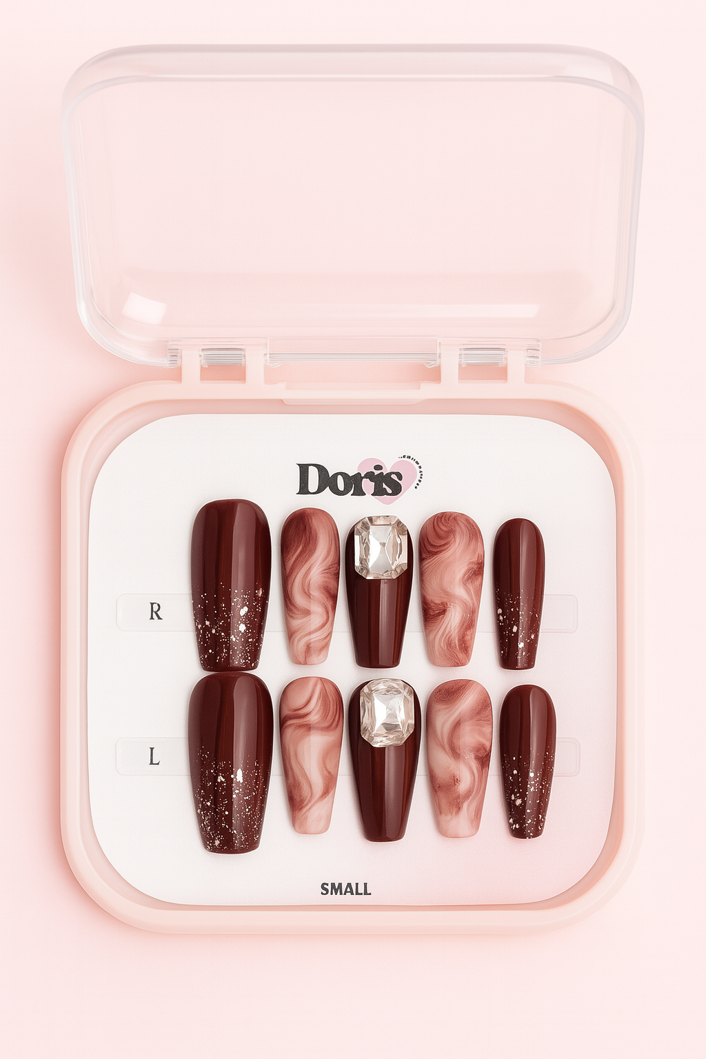 Burgundy Marble Press On Nails - Wine Red Rose Gold Coffin Long False Nails Set - Doris Beauty