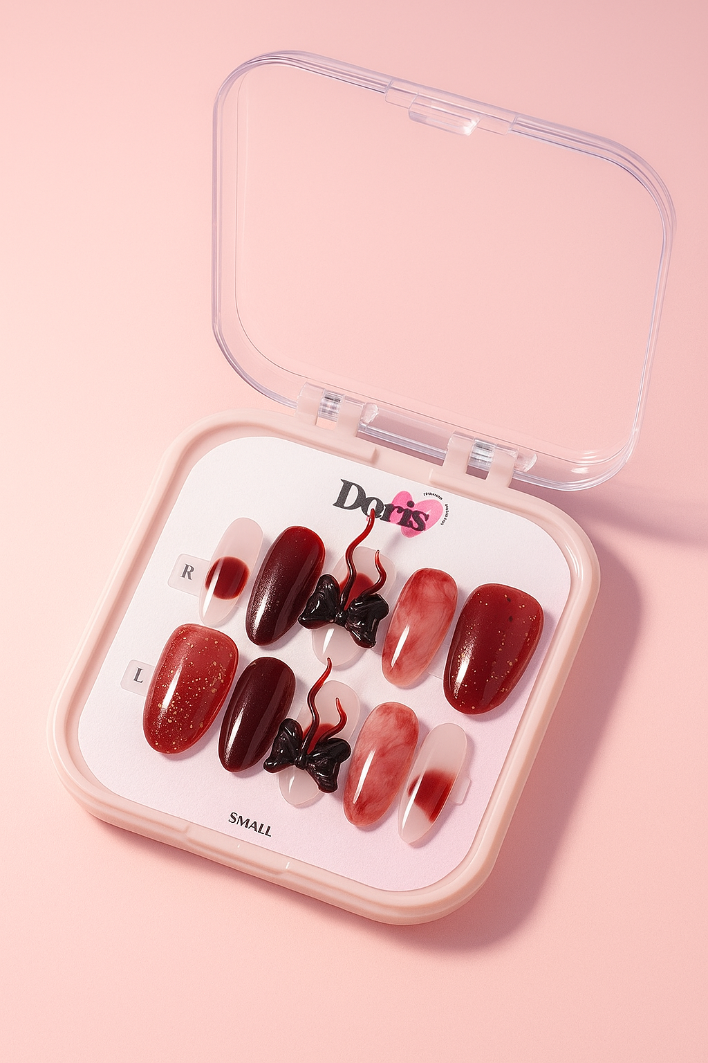Valentine Red Press On Nails - Burgundy Bow Accent Oval Medium False Nails Set - Doris Beauty