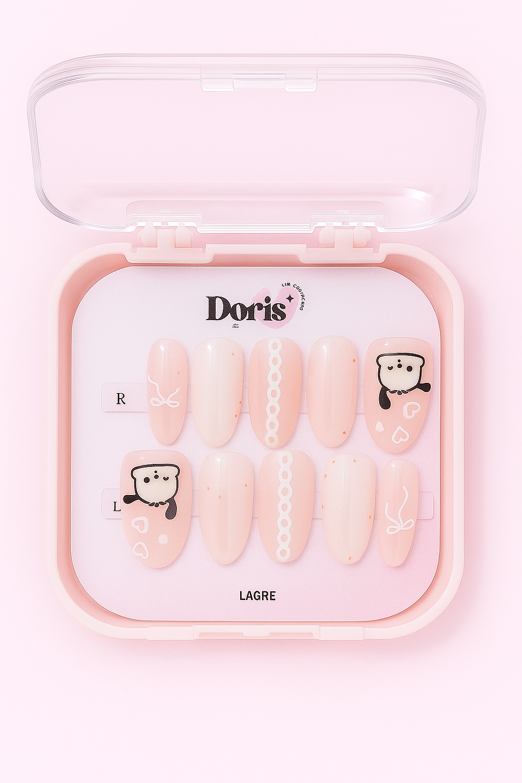 Cute Bear Press On Nails - Nude Pearl Chain Kawaii Oval Medium False Nails Set - Doris Beauty