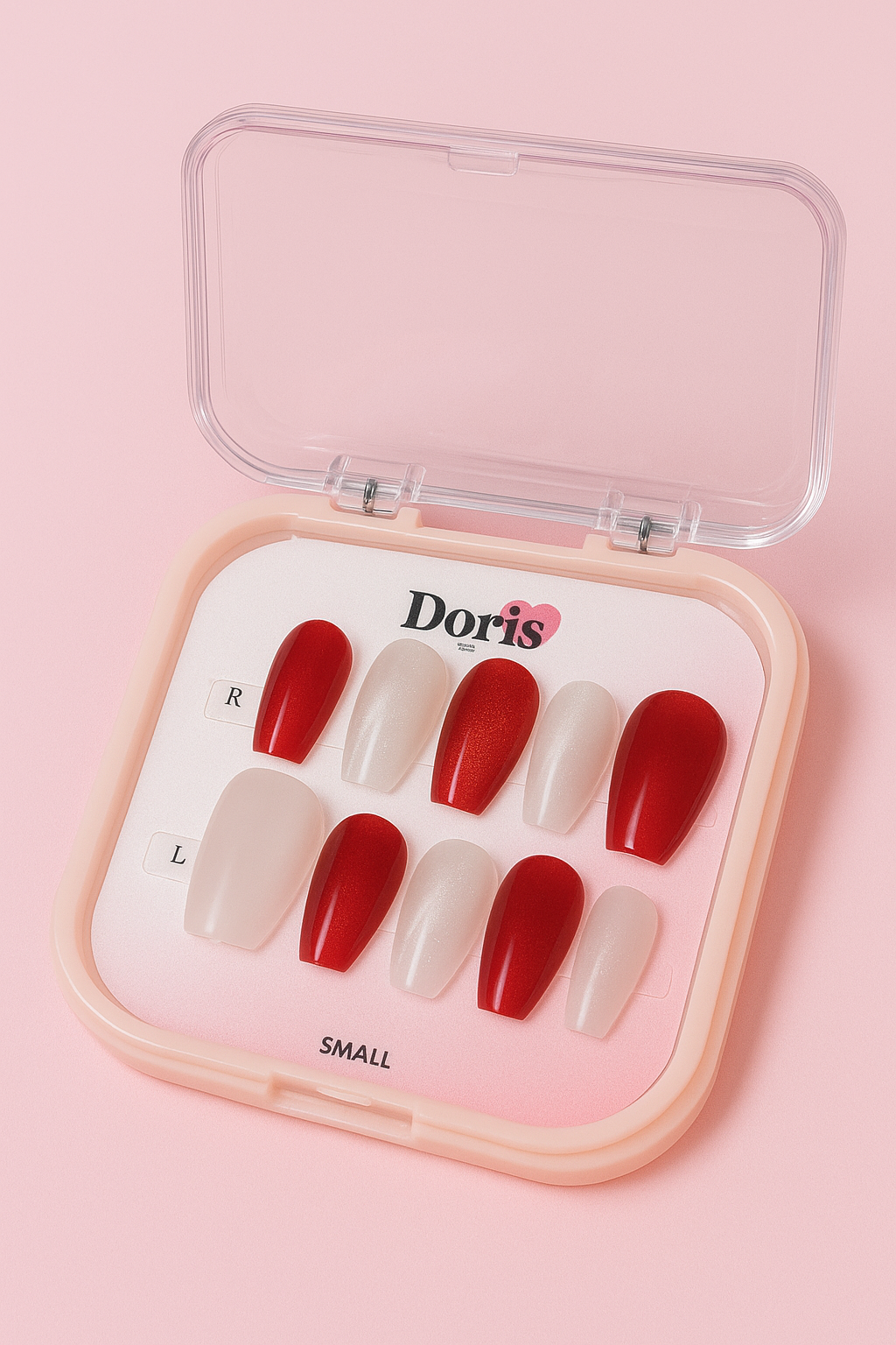 Red Nude Press On Nails - Classic Two Tone Coffin Medium False Nails Set - Doris Beauty