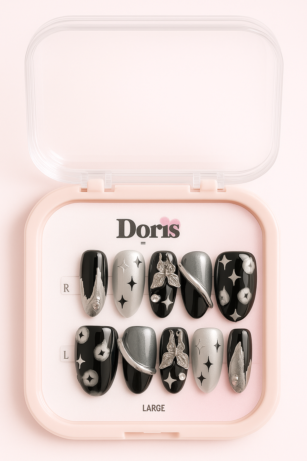 Celestial Black Chrome Press On Nails - Star Design Coffin Long False Nails Set - Doris Beauty