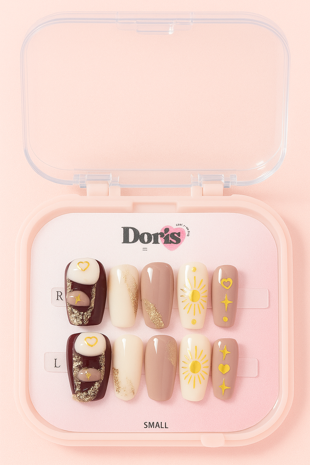Summer Sun Press On Nails - Brown Yellow Heart Star Oval Medium False Nails Set - Doris Beauty