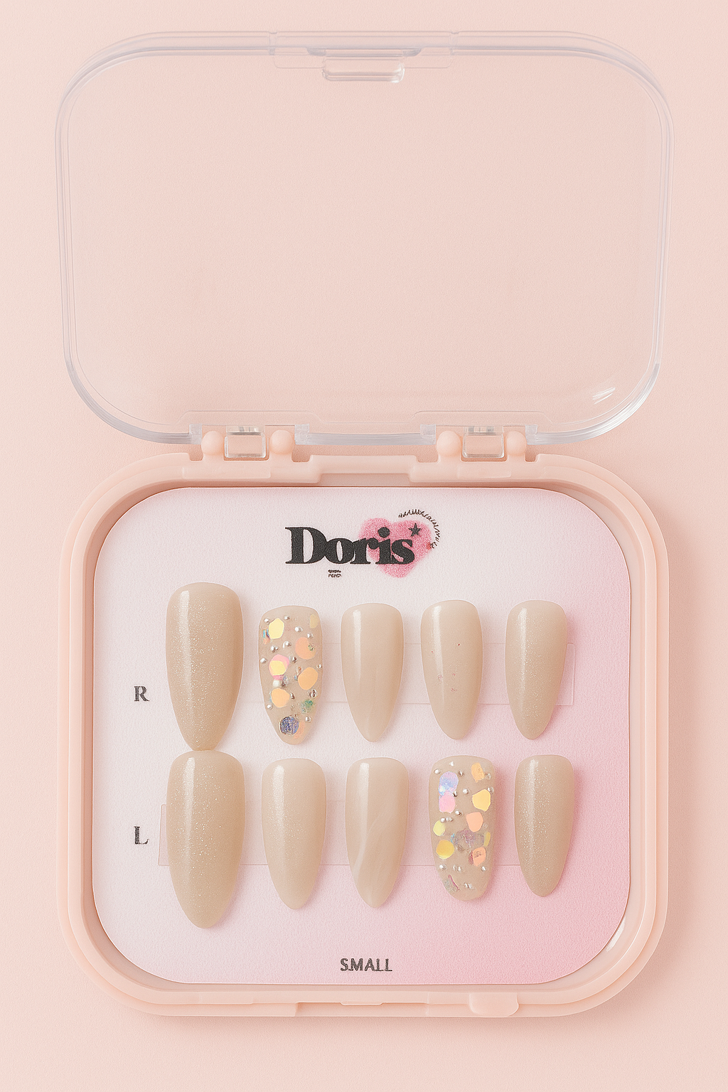 Nude Confetti Press On Nails - Beige Glitter Sequin Coffin Medium False Nails Set - Doris Beauty
