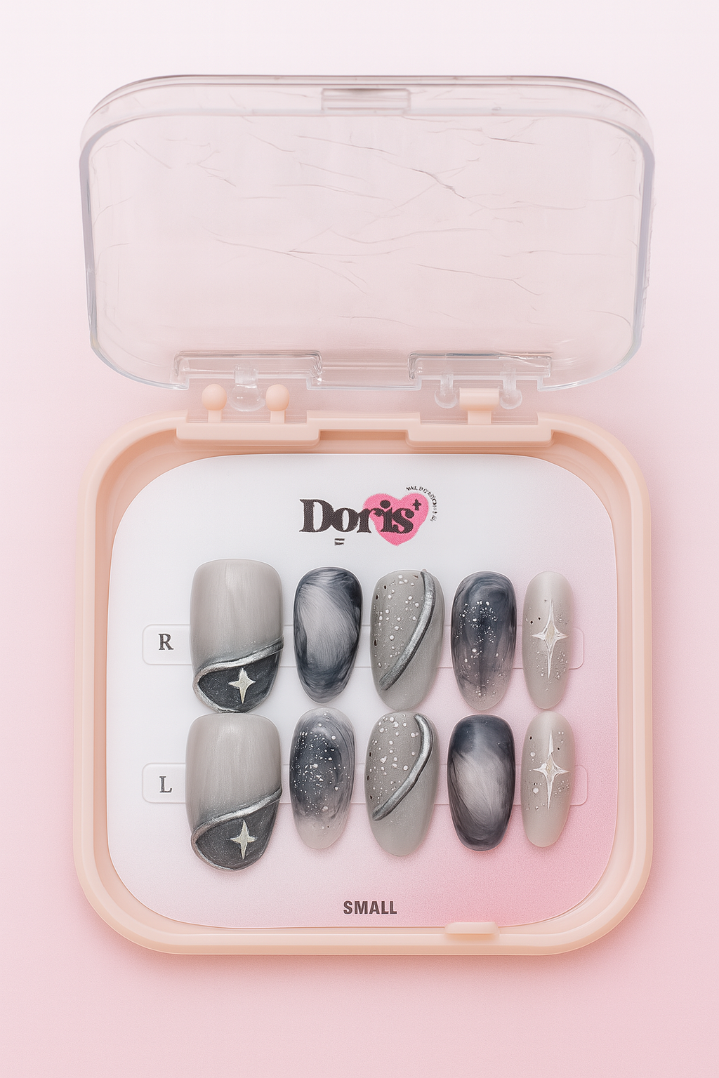 Grey Marble Press On Nails - Silver Star Glitter Coffin Medium False Nails Set - Doris Beauty