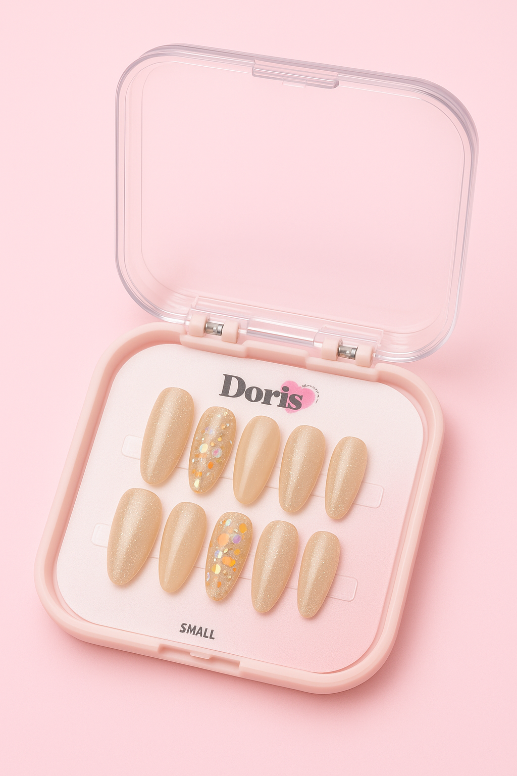 Nude Shimmer Press On Nails - Gold Glitter Accent Oval Medium False Nails Set - Doris Beauty