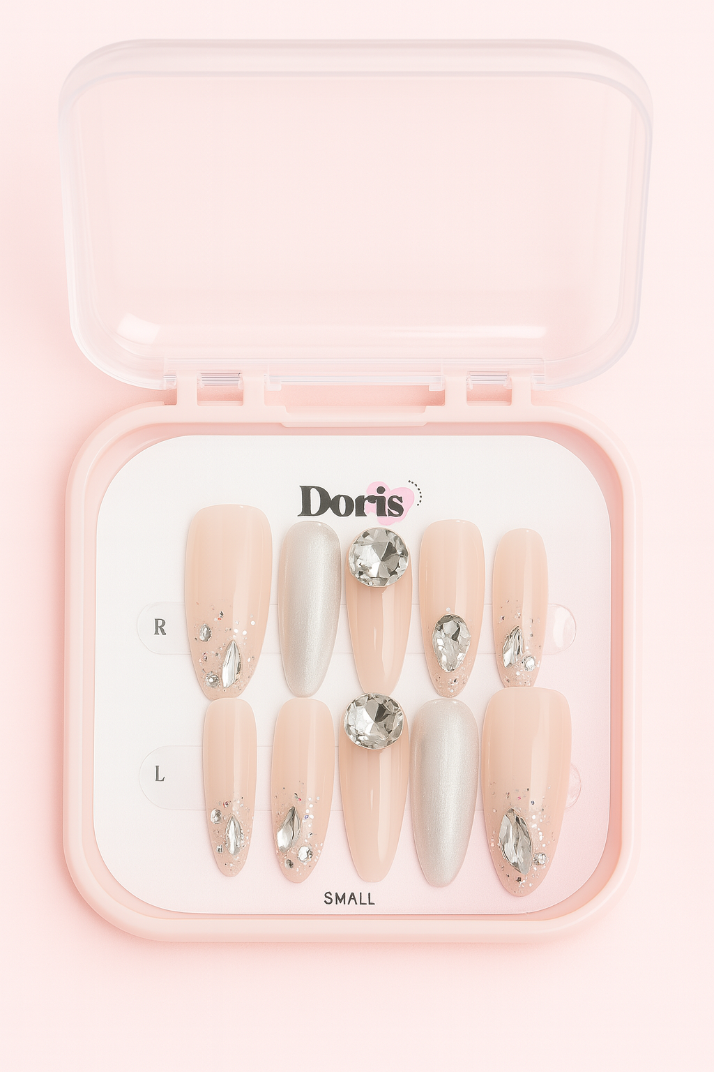 Rhinestone Press On Nails - Nude Pink Crystal Coffin Long False Nails Set - Doris Beauty