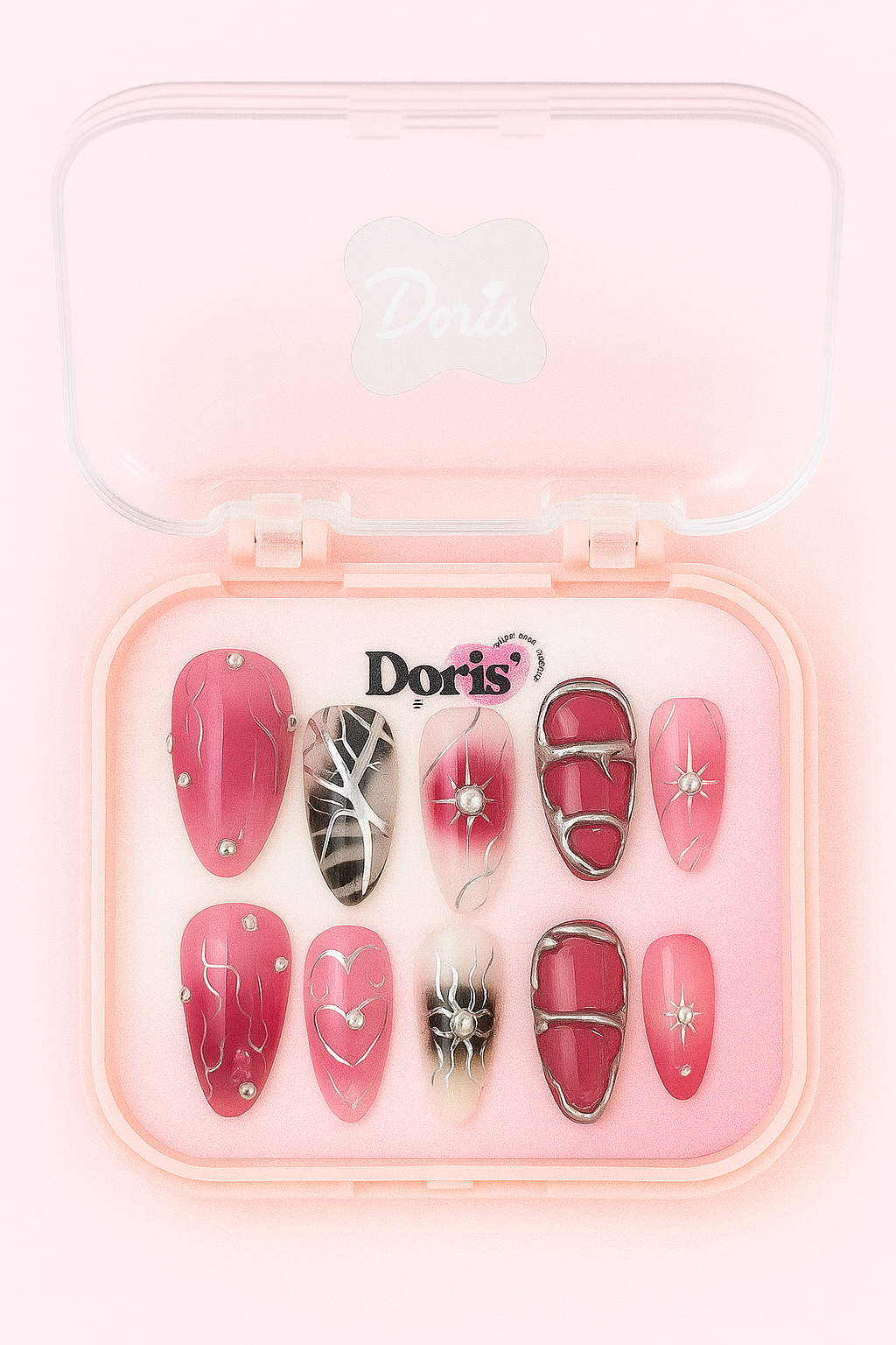 Pink & Black Abstract Press On Nails - Glossy Short Coffin False Nails Set - Doris Beauty
