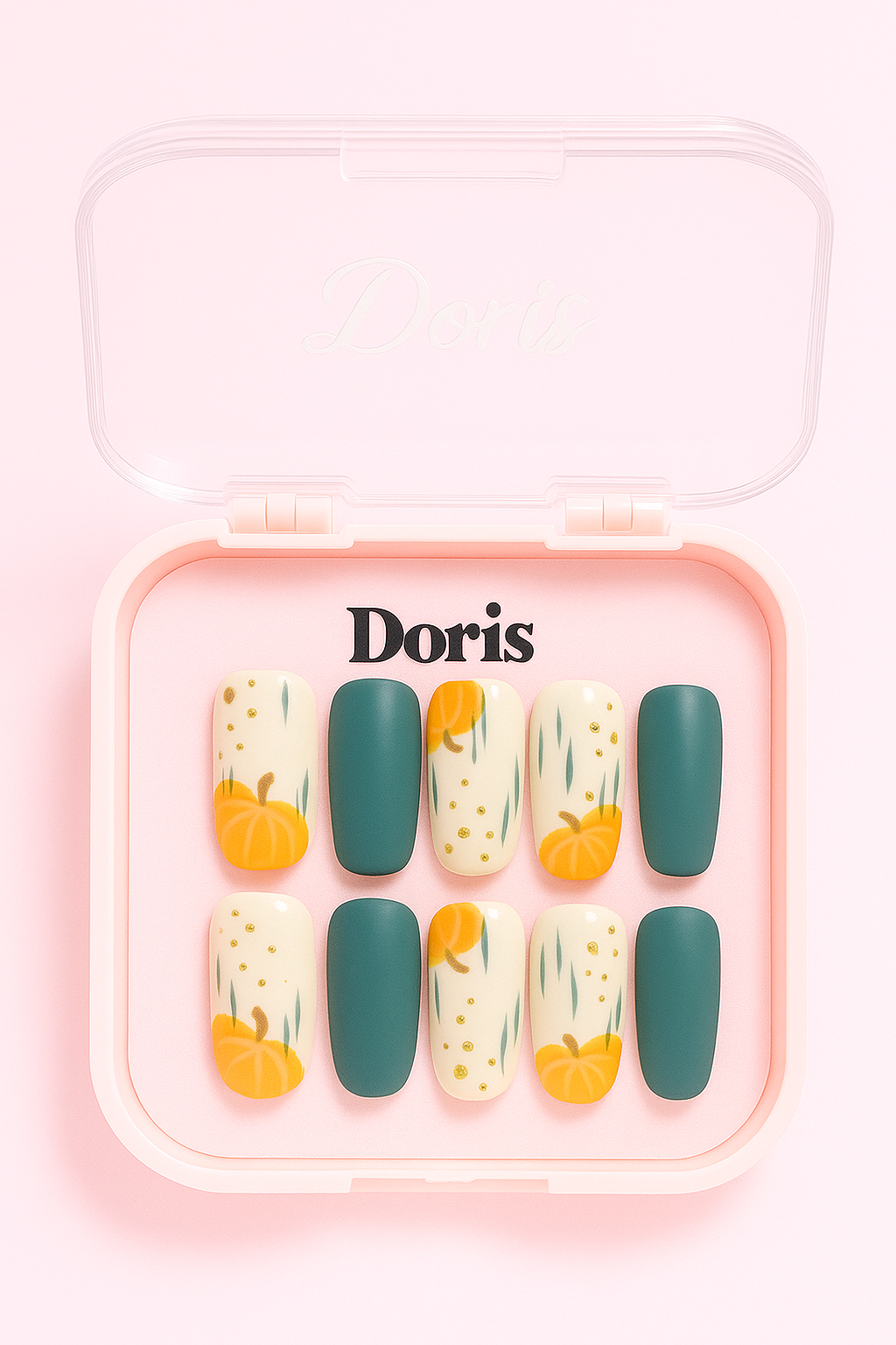 Pumpkin & Leaf Press On Nails - Matte Green & Cream False Nails Set - Doris Beauty