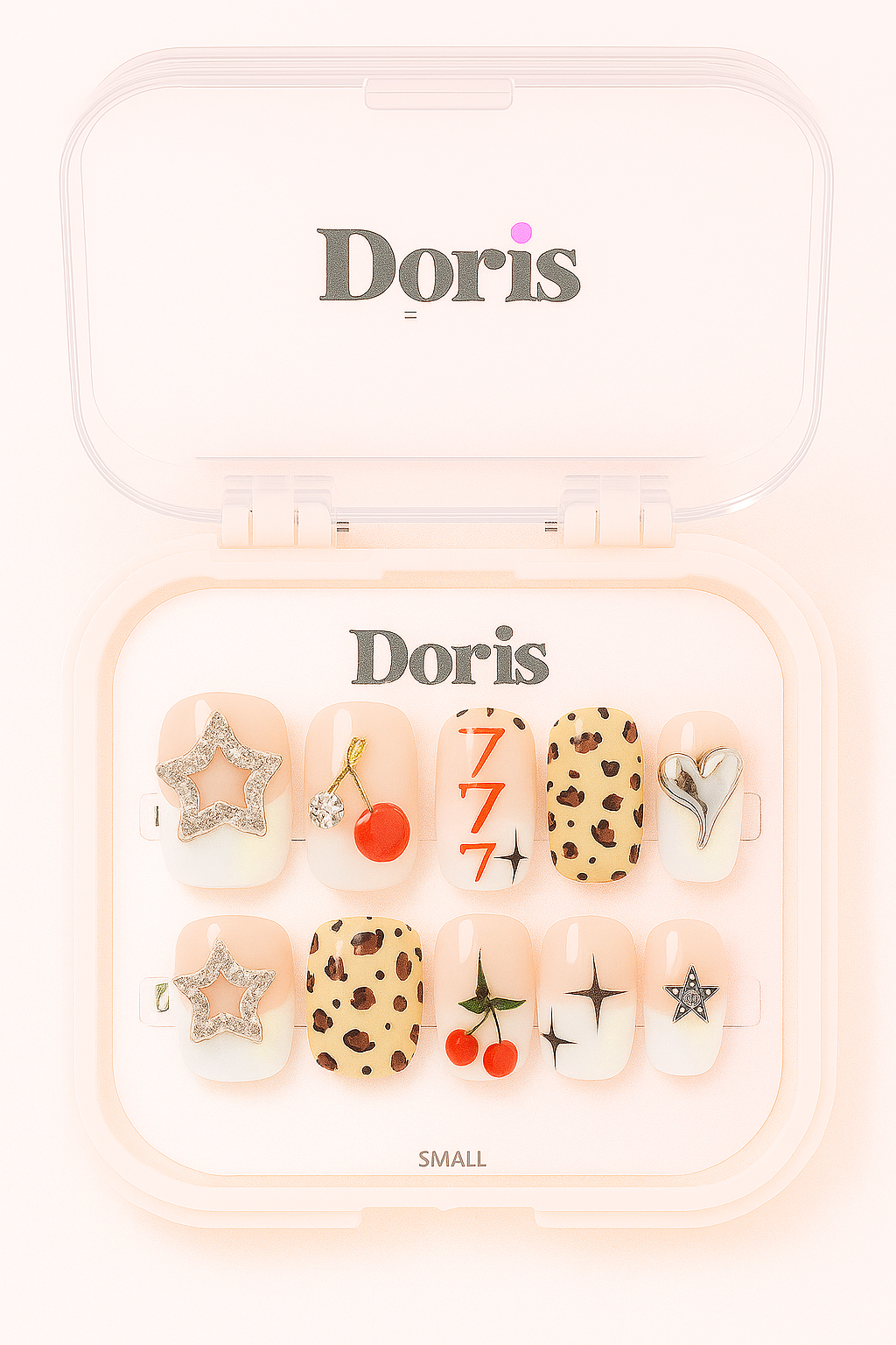 Leopard Cherry Press On Nails – Nude Retro Glam 3D Stars Short Square False Nails Set - Doris Beauty