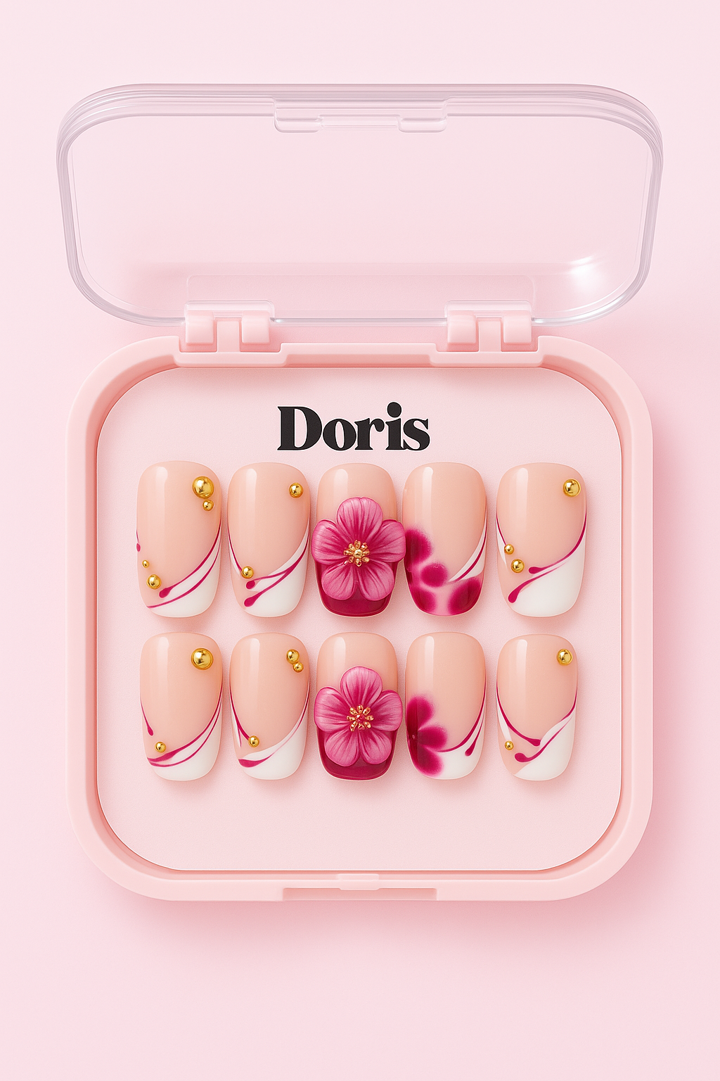 Floral Press On Nails - Pink Nude 3D Flower Swirl Medium Square False Nails Set - Doris Beauty