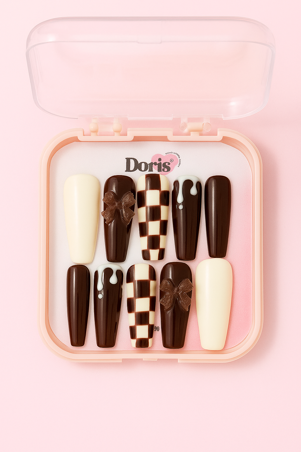Chocolate Press On Nails - Brown Ivory Drip Checker Long Coffin False Nails Set - Doris Beauty