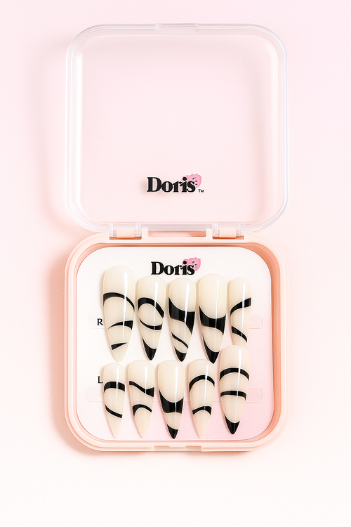 Abstract Swirl Press On Nails - Black Ivory Glossy Stiletto Long False Nails Set - Doris Beauty