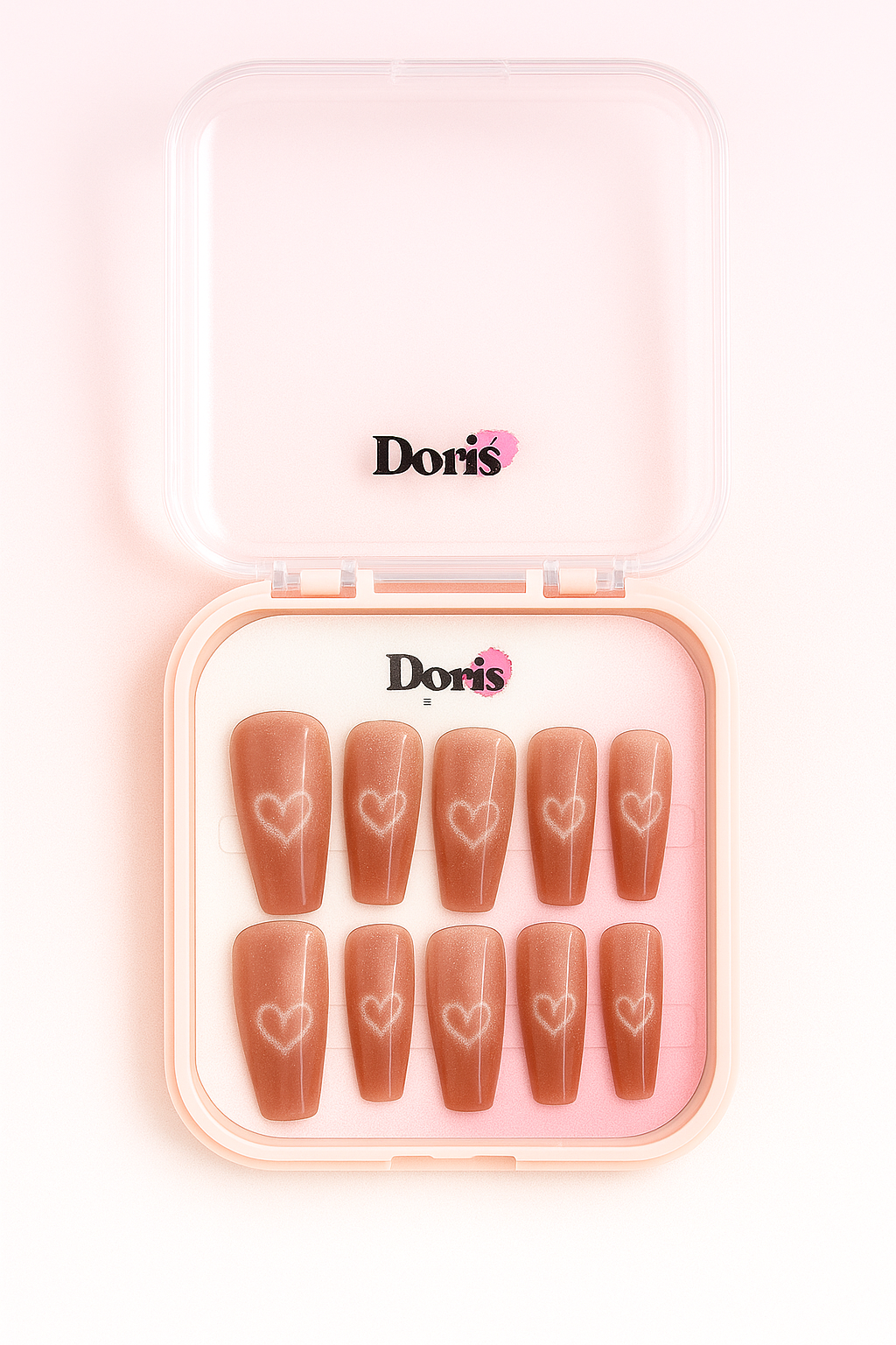 Heart Design Press On Nails - Shimmer Brown White Hearts Coffin Medium False Nails Set - Doris Beauty