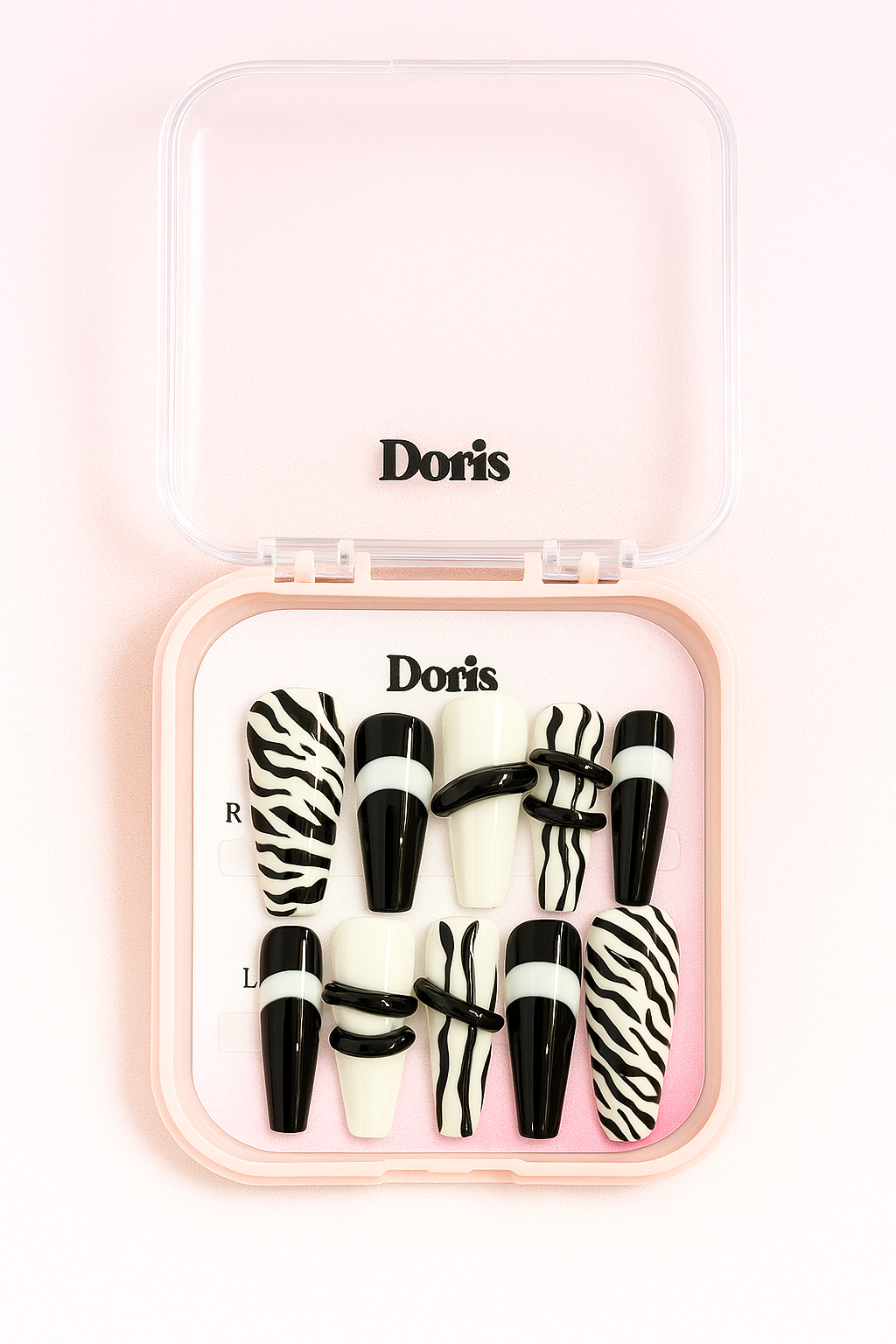 Zebra Print Press On Nails - Black White Glossy 3D Design Coffin Long False Nails Set - Doris Beauty