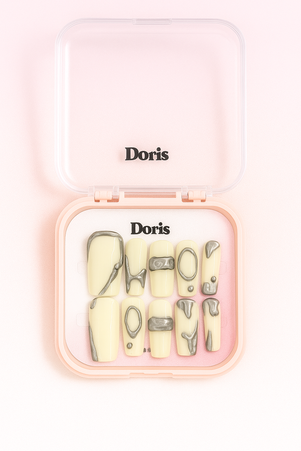 Chrome Accent Press On Nails - Pale Yellow Metallic 3D Abstract Square Medium False Nails Set - Doris Beauty