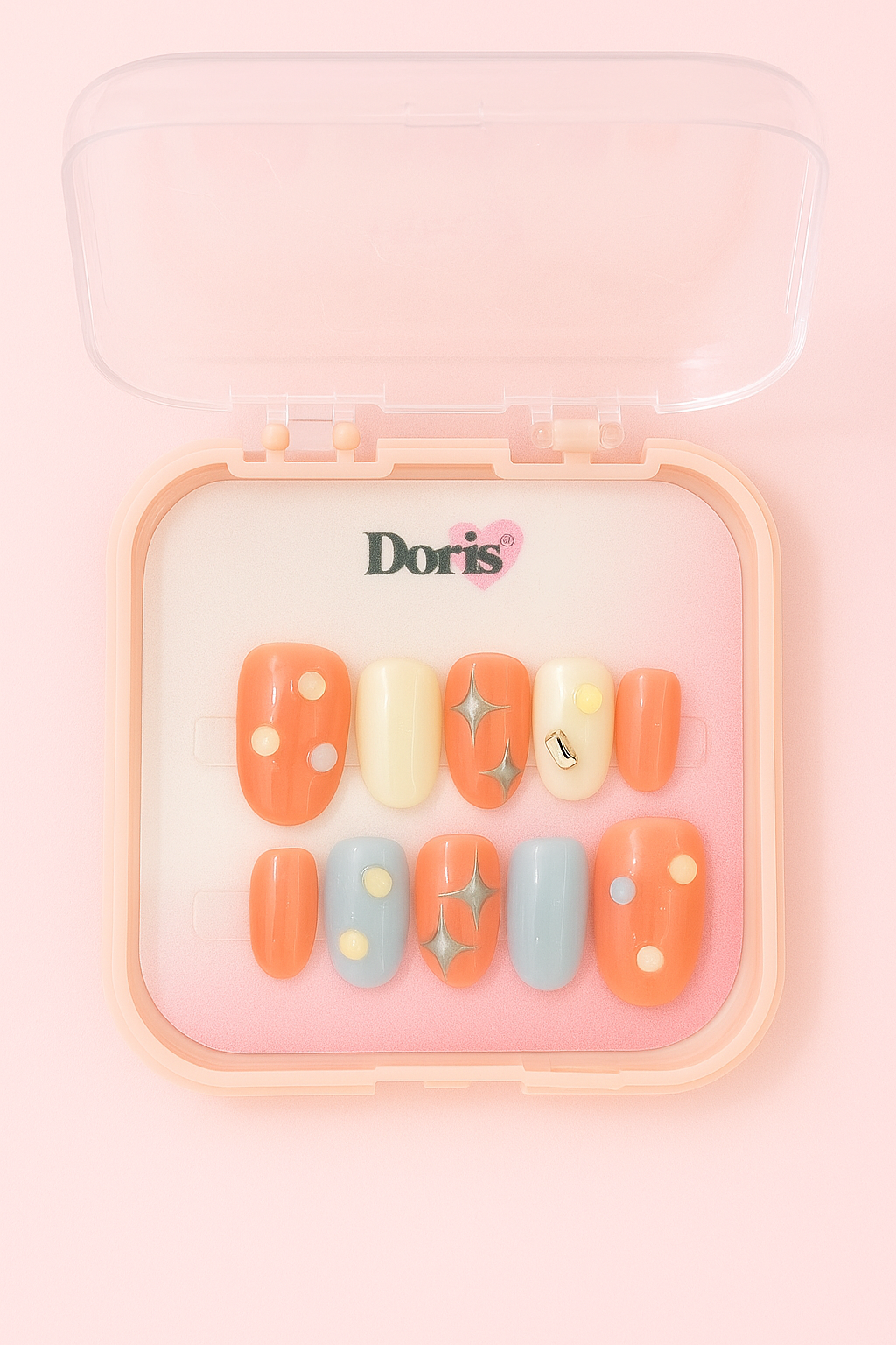 Retro Pastel Press On Nails - Orange Blue Chrome Stars Oval Short False Nails Set - Doris Beauty