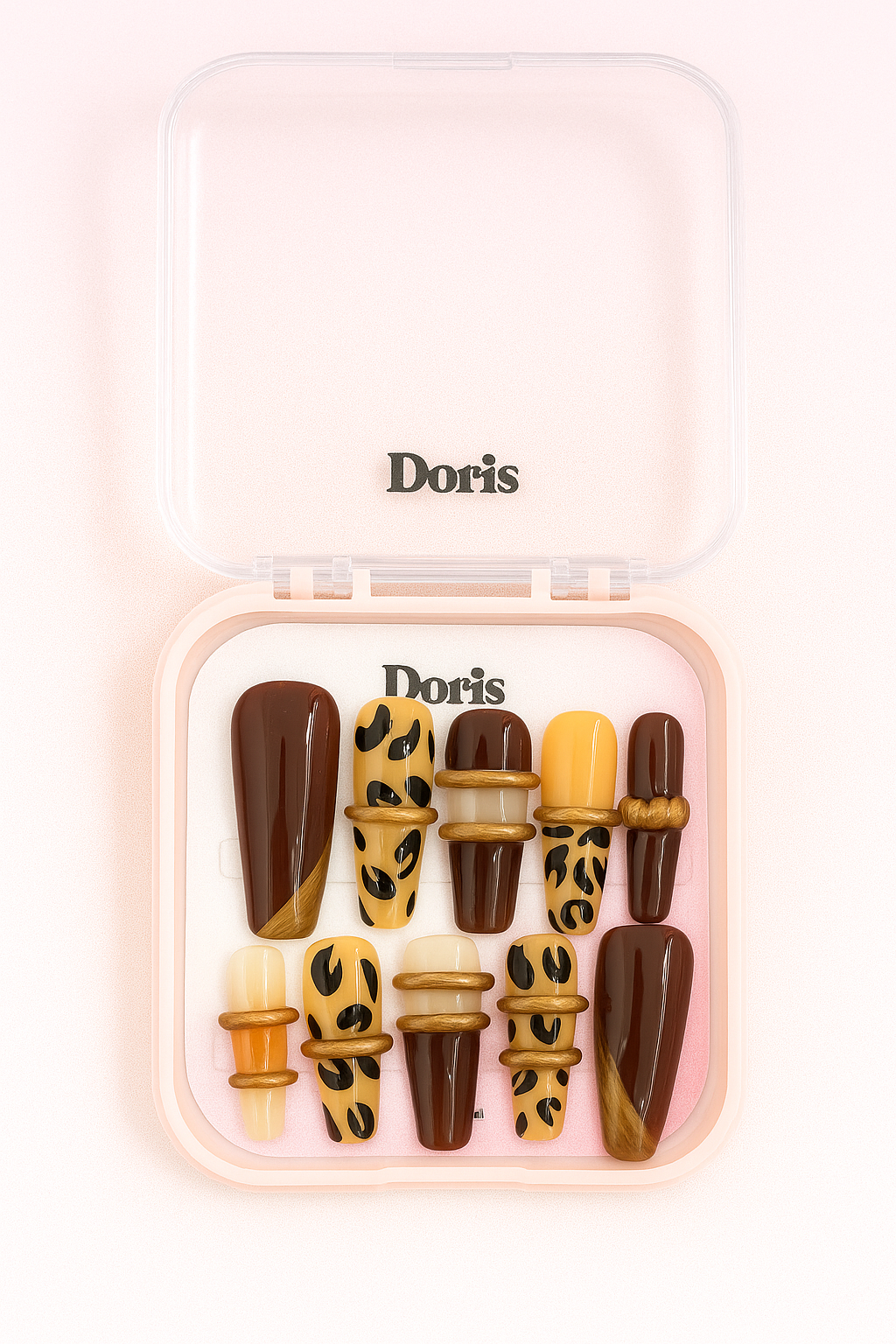 Leopard Print Press On Nails - Brown Caramel 3D Wood Accent Coffin Long False Nails Set - Doris Beauty