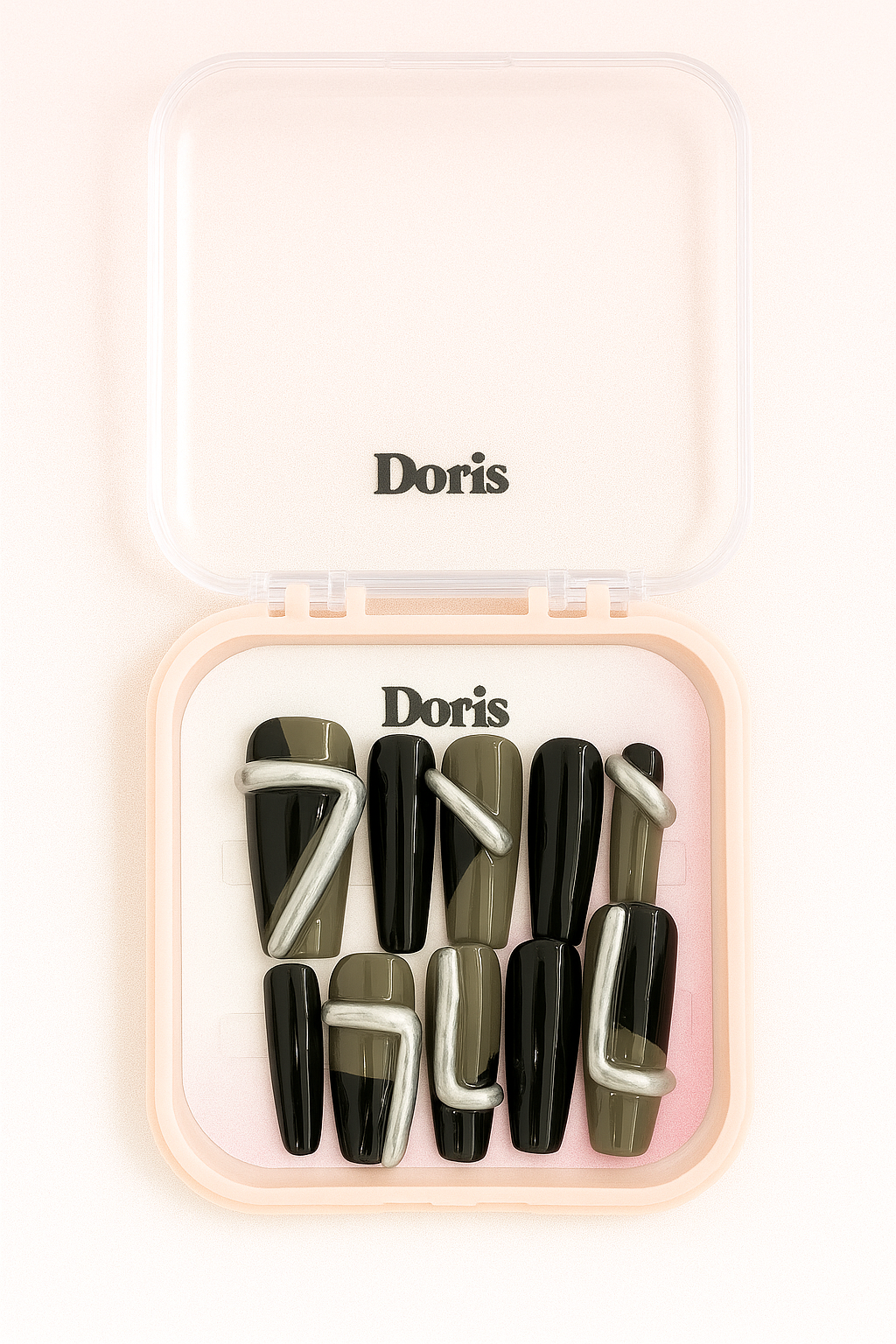 3D Metallic Press On Nails - Olive Black Glossy Chrome Swirl Coffin Long False Nails Set - Doris Beauty