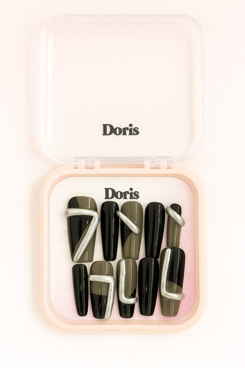 3D Metallic Press On Nails - Olive Black Glossy Chrome Swirl Coffin Long False Nails Set - Doris Beauty