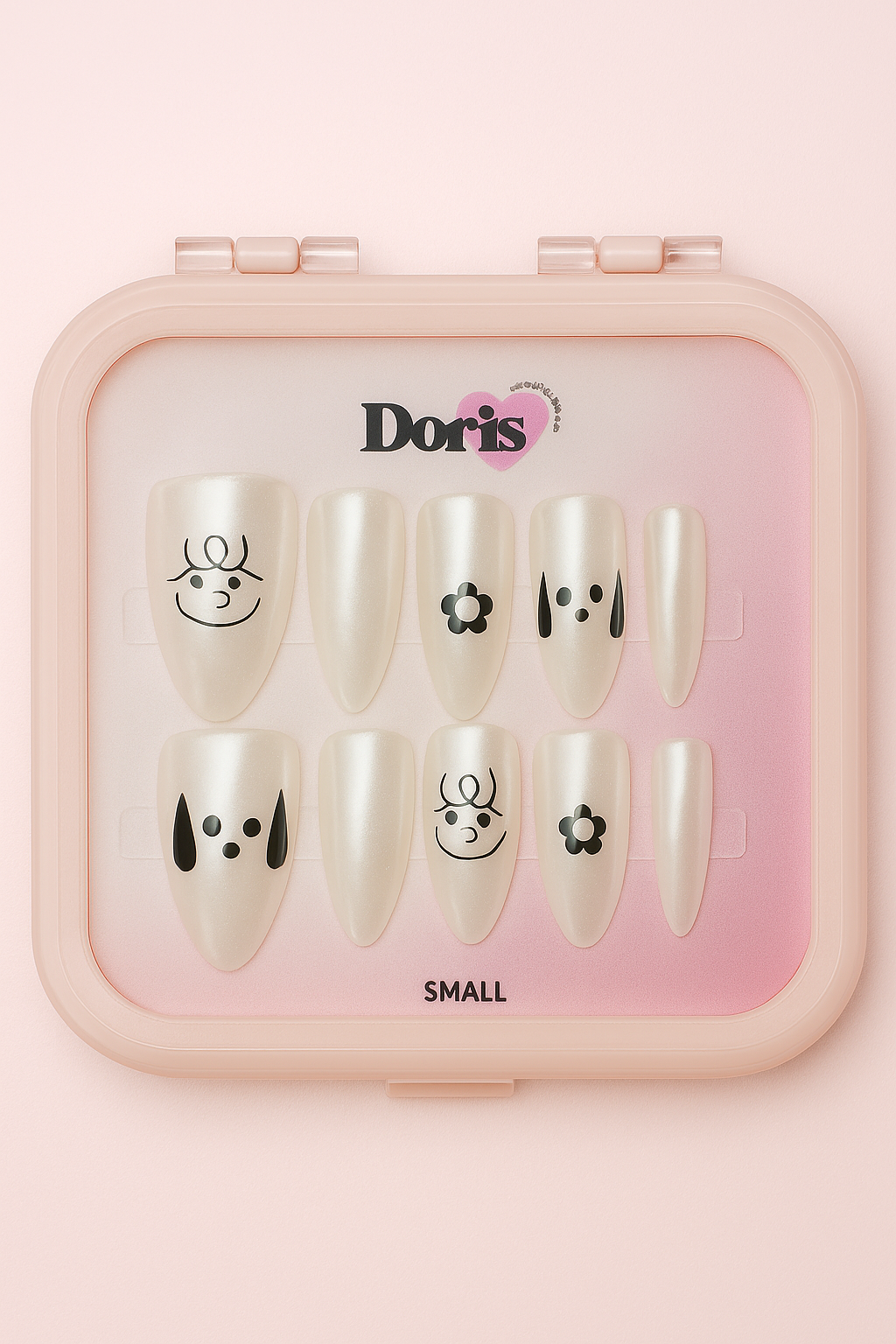 Cartoon Face Press On Nails - Pearl White Cute Graphic Accent Almond Short False Nails Set - Doris Beauty