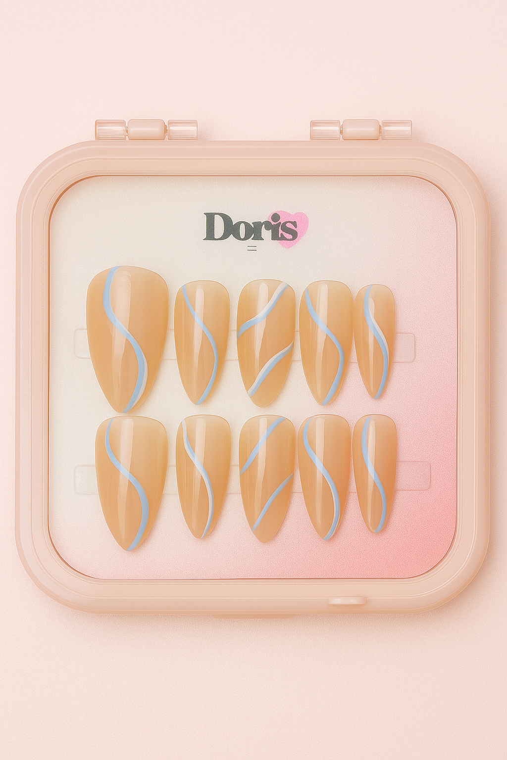 Minimalist Nude Press On Nails - Beige Blue Wavy Line Almond Medium False Nails Set - Doris Beauty