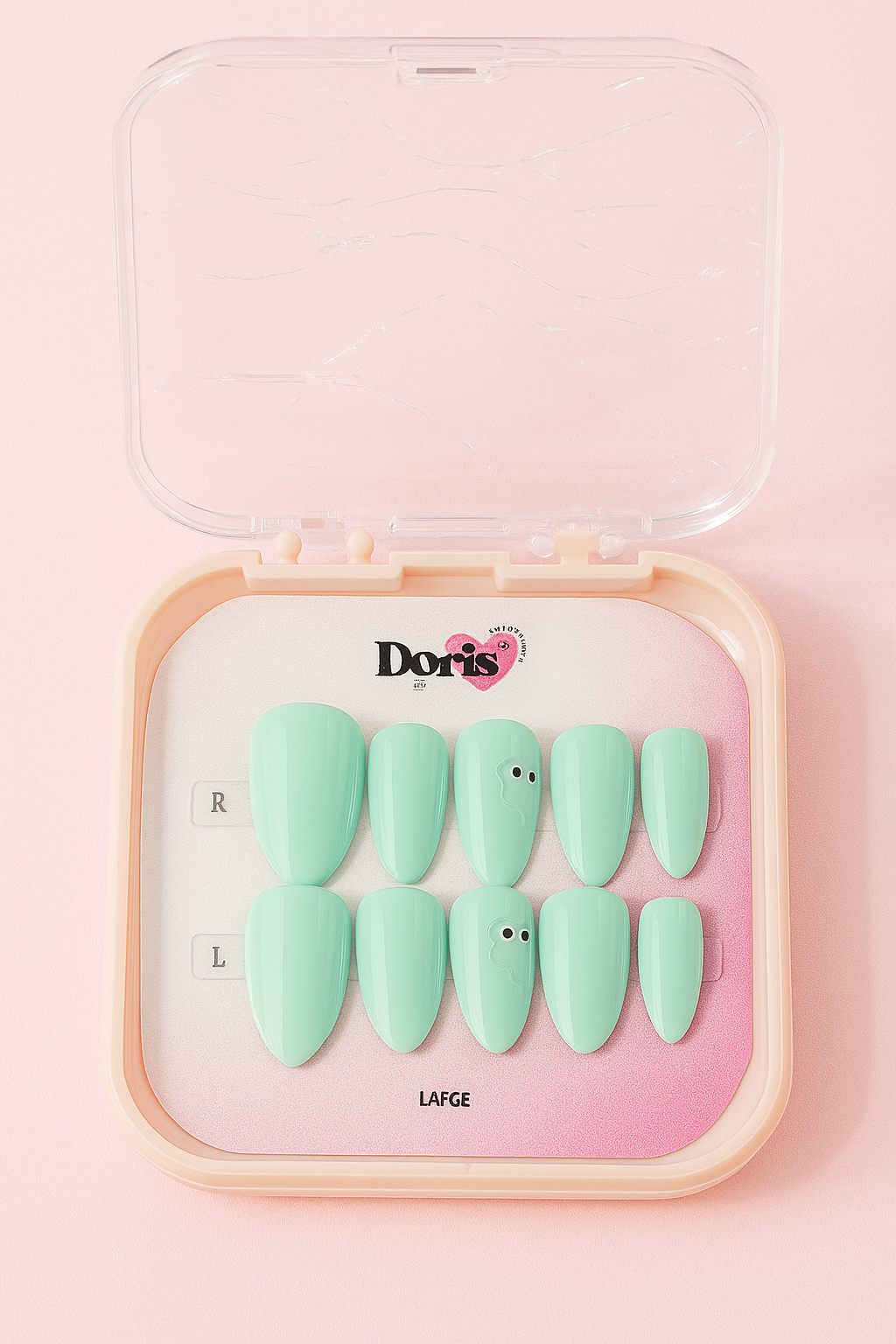 Mint Green Press On Nails - Cute Ghost Accent Almond Glossy False Nails Set (Large) - Doris Beauty