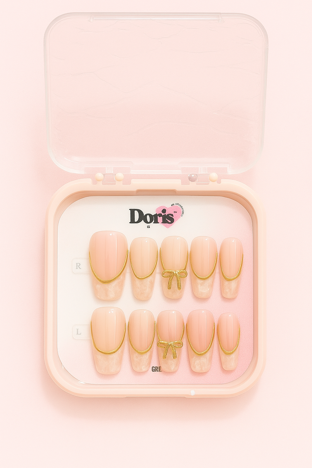 Nude Marble Press On Nails - Gold Lined French Tip with Bow Accent (Medium Oval) - Doris Beauty