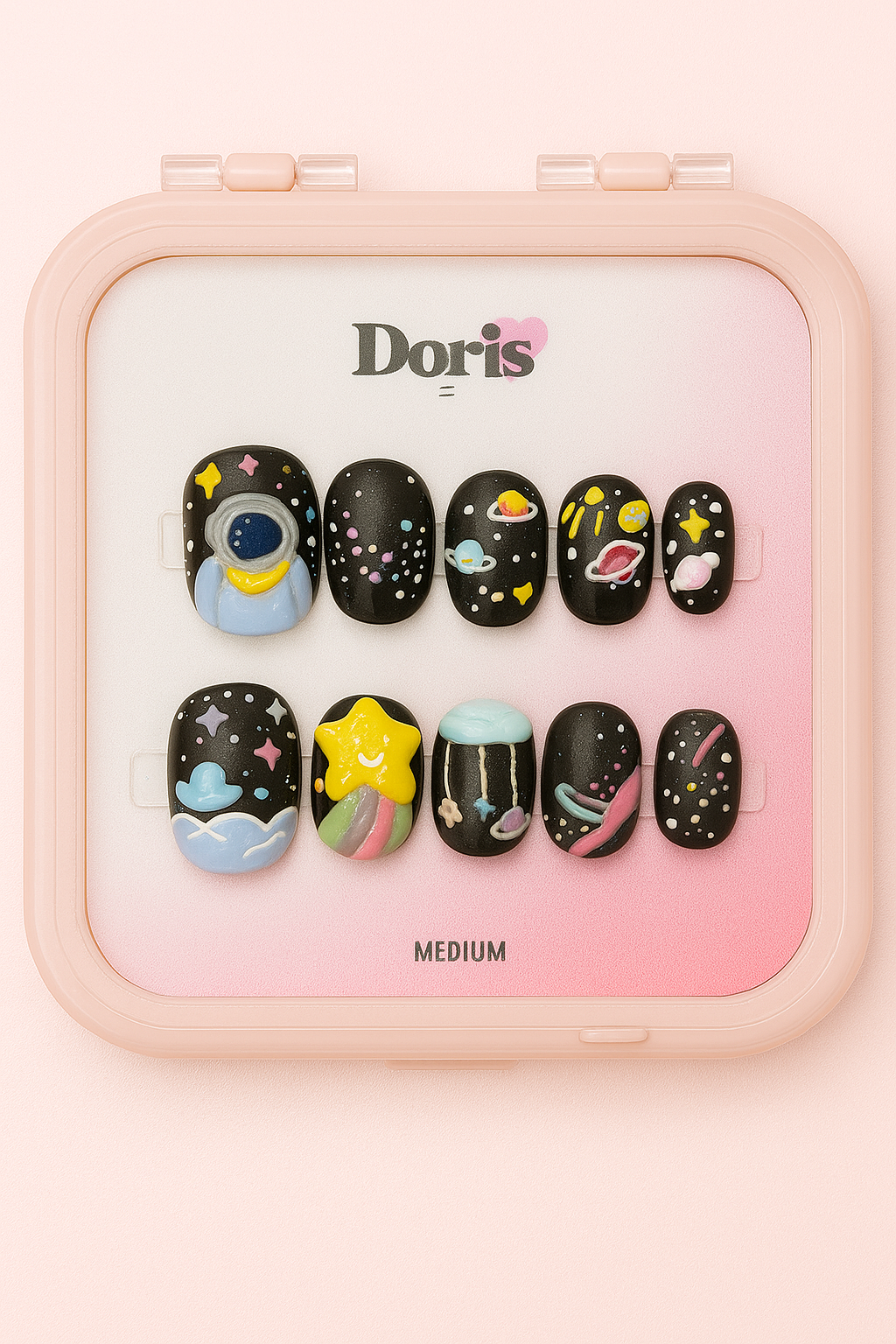 Galaxy Space Press On Nails - Astronaut, Planets & Stars Nail Art (Matte Black, Medium Oval) - Doris Beauty