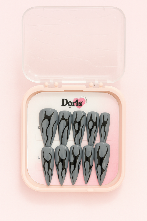 Black Flame Press On Nails – Glossy Fire Art on Matte Grey Base (Long Stiletto Tips) - Doris Beauty