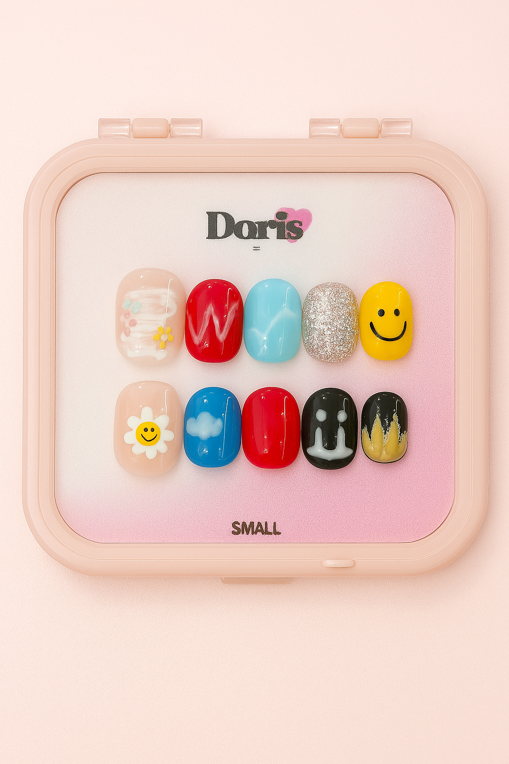 Mixed Design Press On Nails – Smiley Faces, Flowers, Clouds, Flames & More (Short Square Tips) - Doris Beauty