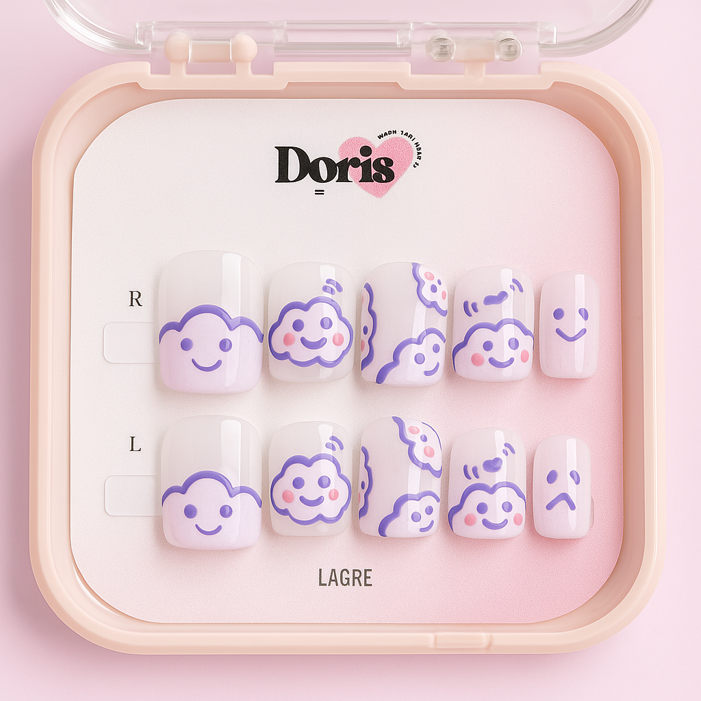 Cute Cloud Emoji Press On Nails – Large Square Shape (Glossy Finish) - Doris Beauty