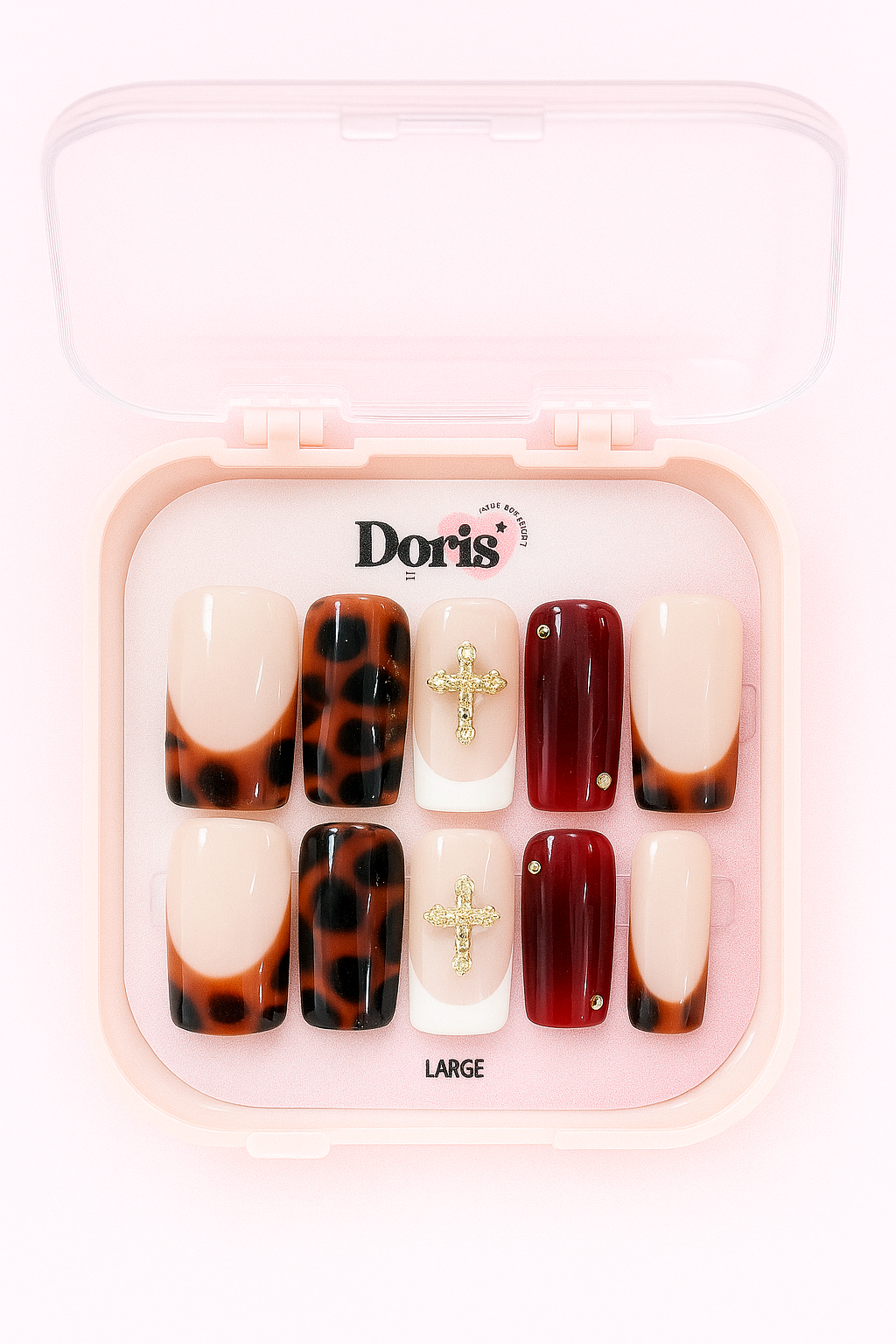 Tortoiseshell Press-On Nails with Gold Cross Charms – Large Square Glossy Finish - Doris Beauty
