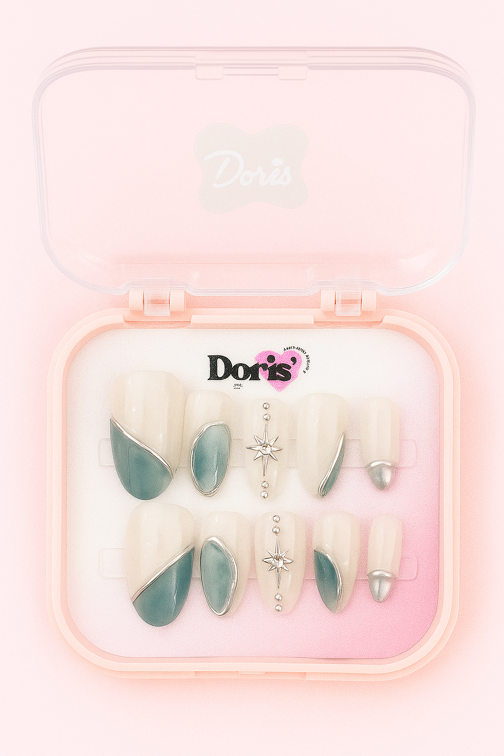 Icy Mint Press-On Nails with Silver Chrome & Star Accents – Elegant Oval Tips - Doris Beauty